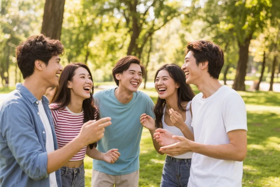 一群朋友在公园里一起交流、微笑，展现出积极乐观的生活态度