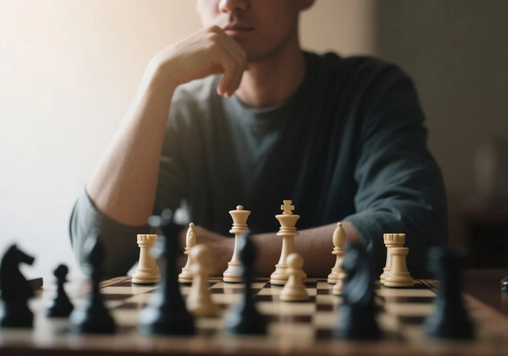 一个人在棋盘前沉思，象征战略思考和决策
