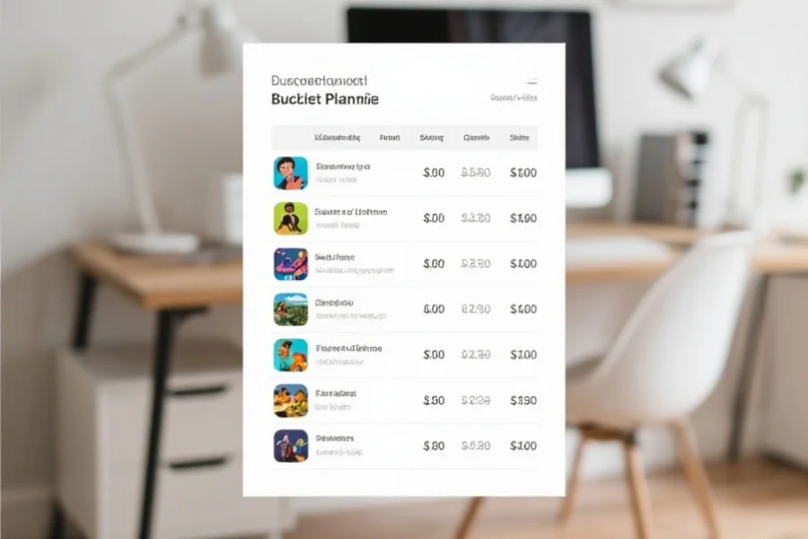 一张简洁明了的预算规划表，列有不同娱乐活动和对应的支出金额，背景为现代家庭办公桌